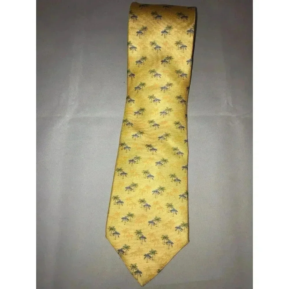 Tommy Hilfiger Yellow Blue Palm Trees Tropical Pattern 100% Silk Men's Neck Tie